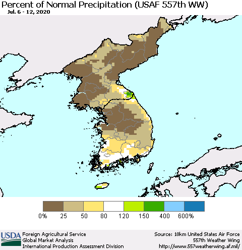 Korea Percent of Normal Precipitation (USAF 557th WW) Thematic Map For 7/6/2020 - 7/12/2020