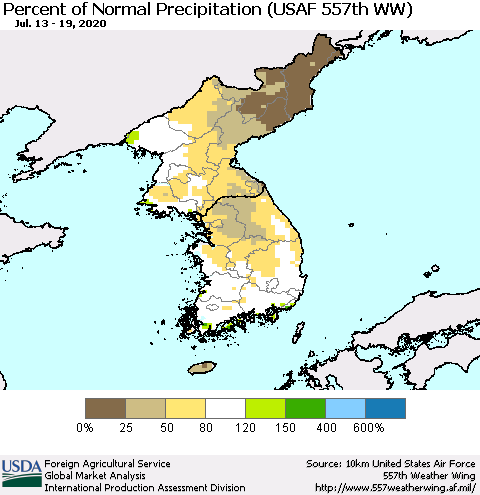 Korea Percent of Normal Precipitation (USAF 557th WW) Thematic Map For 7/13/2020 - 7/19/2020