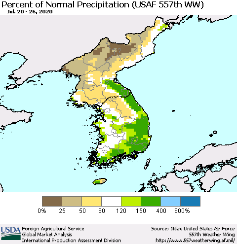 Korea Percent of Normal Precipitation (USAF 557th WW) Thematic Map For 7/20/2020 - 7/26/2020