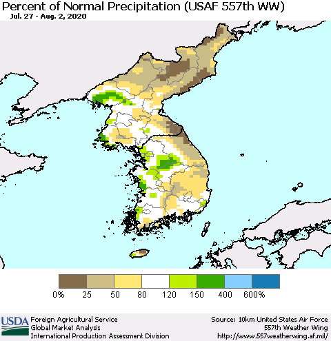 Korea Percent of Normal Precipitation (USAF 557th WW) Thematic Map For 7/27/2020 - 8/2/2020