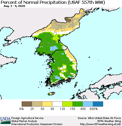 Korea Percent of Normal Precipitation (USAF 557th WW) Thematic Map For 8/3/2020 - 8/9/2020