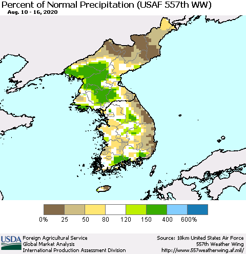 Korea Percent of Normal Precipitation (USAF 557th WW) Thematic Map For 8/10/2020 - 8/16/2020