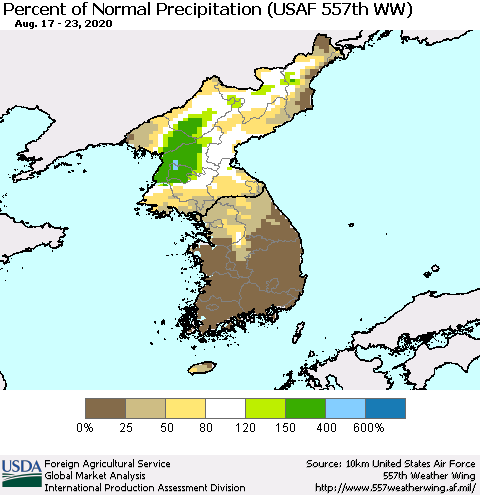 Korea Percent of Normal Precipitation (USAF 557th WW) Thematic Map For 8/17/2020 - 8/23/2020