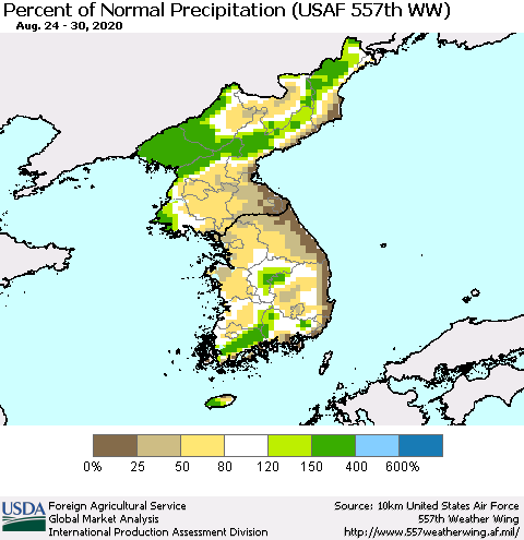 Korea Percent of Normal Precipitation (USAF 557th WW) Thematic Map For 8/24/2020 - 8/30/2020