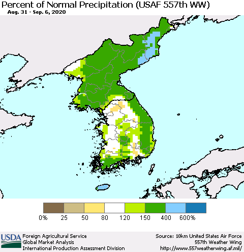 Korea Percent of Normal Precipitation (USAF 557th WW) Thematic Map For 8/31/2020 - 9/6/2020