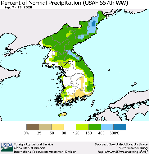 Korea Percent of Normal Precipitation (USAF 557th WW) Thematic Map For 9/7/2020 - 9/13/2020