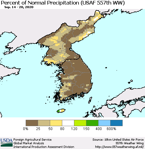 Korea Percent of Normal Precipitation (USAF 557th WW) Thematic Map For 9/14/2020 - 9/20/2020