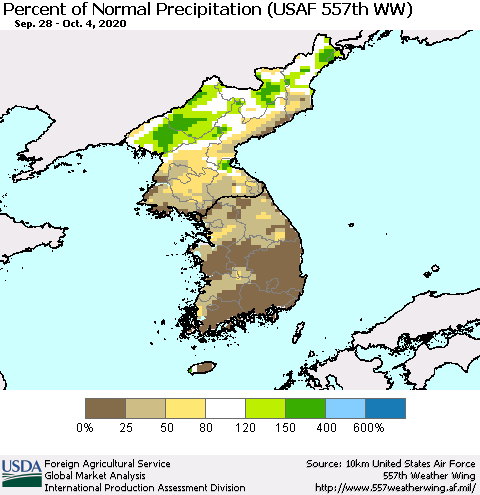 Korea Percent of Normal Precipitation (USAF 557th WW) Thematic Map For 9/28/2020 - 10/4/2020