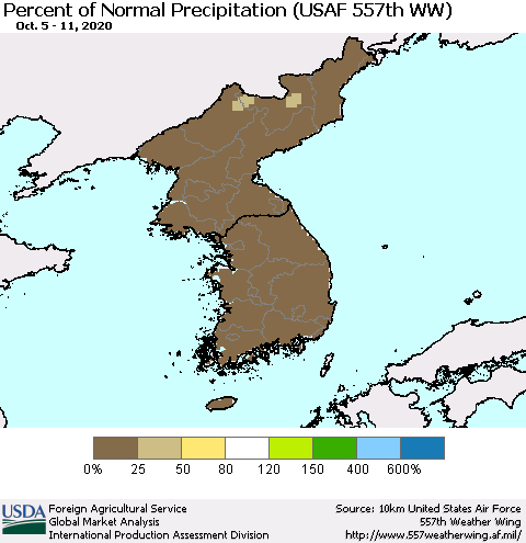Korea Percent of Normal Precipitation (USAF 557th WW) Thematic Map For 10/5/2020 - 10/11/2020