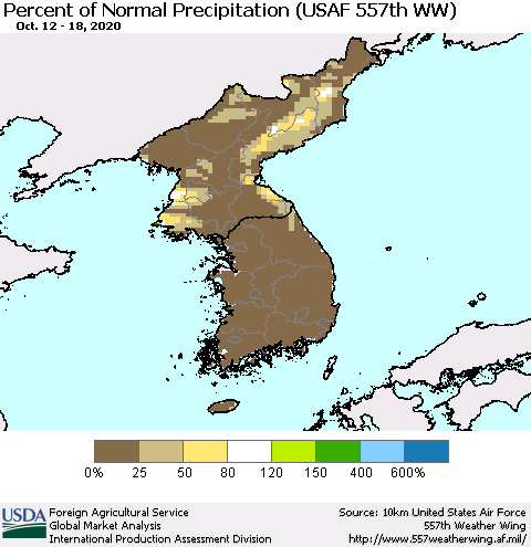 Korea Percent of Normal Precipitation (USAF 557th WW) Thematic Map For 10/12/2020 - 10/18/2020