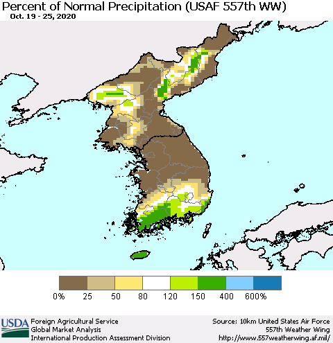 Korea Percent of Normal Precipitation (USAF 557th WW) Thematic Map For 10/19/2020 - 10/25/2020