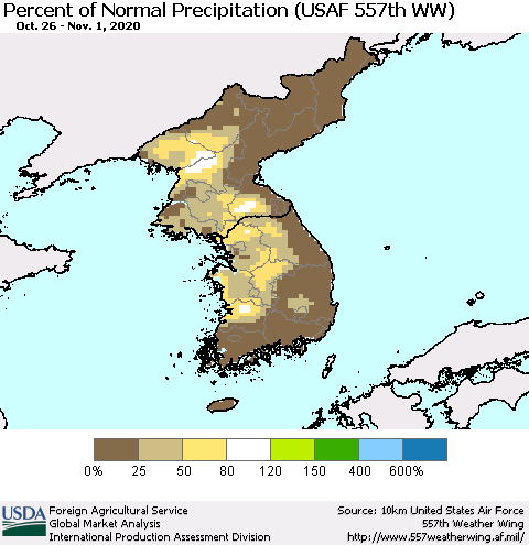 Korea Percent of Normal Precipitation (USAF 557th WW) Thematic Map For 10/26/2020 - 11/1/2020