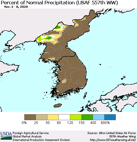 Korea Percent of Normal Precipitation (USAF 557th WW) Thematic Map For 11/2/2020 - 11/8/2020
