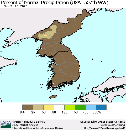 Korea Percent of Normal Precipitation (USAF 557th WW) Thematic Map For 11/9/2020 - 11/15/2020