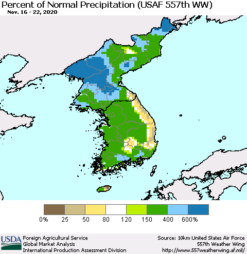 Korea Percent of Normal Precipitation (USAF 557th WW) Thematic Map For 11/16/2020 - 11/22/2020