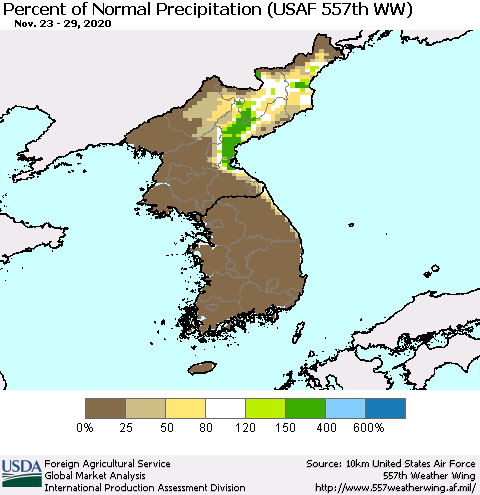 Korea Percent of Normal Precipitation (USAF 557th WW) Thematic Map For 11/23/2020 - 11/29/2020