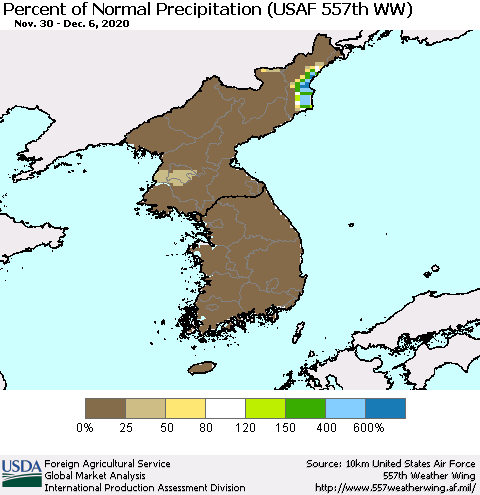 Korea Percent of Normal Precipitation (USAF 557th WW) Thematic Map For 11/30/2020 - 12/6/2020