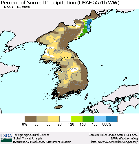 Korea Percent of Normal Precipitation (USAF 557th WW) Thematic Map For 12/7/2020 - 12/13/2020