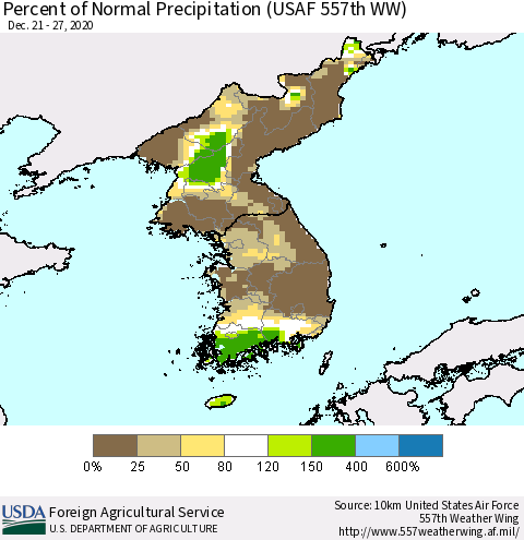 Korea Percent of Normal Precipitation (USAF 557th WW) Thematic Map For 12/21/2020 - 12/27/2020