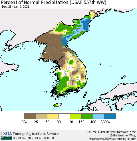 Korea Percent of Normal Precipitation (USAF 557th WW) Thematic Map For 12/28/2020 - 1/3/2021