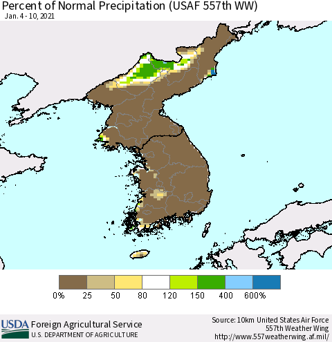 Korea Percent of Normal Precipitation (USAF 557th WW) Thematic Map For 1/4/2021 - 1/10/2021