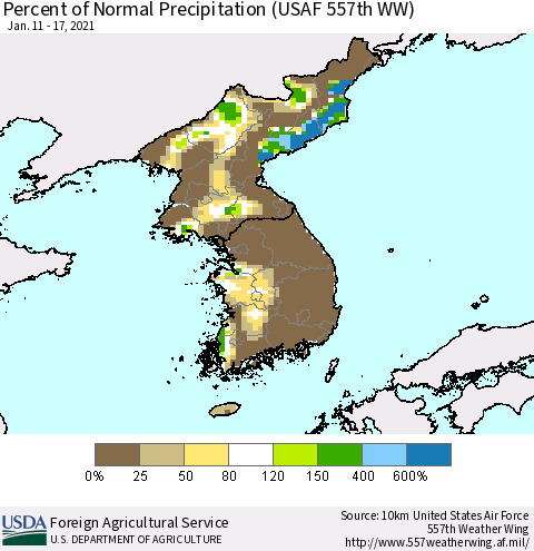 Korea Percent of Normal Precipitation (USAF 557th WW) Thematic Map For 1/11/2021 - 1/17/2021
