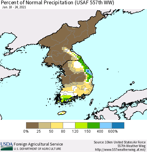 Korea Percent of Normal Precipitation (USAF 557th WW) Thematic Map For 1/18/2021 - 1/24/2021