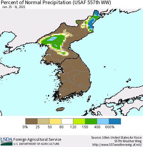 Korea Percent of Normal Precipitation (USAF 557th WW) Thematic Map For 1/25/2021 - 1/31/2021