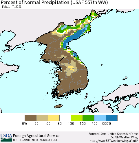 Korea Percent of Normal Precipitation (USAF 557th WW) Thematic Map For 2/1/2021 - 2/7/2021