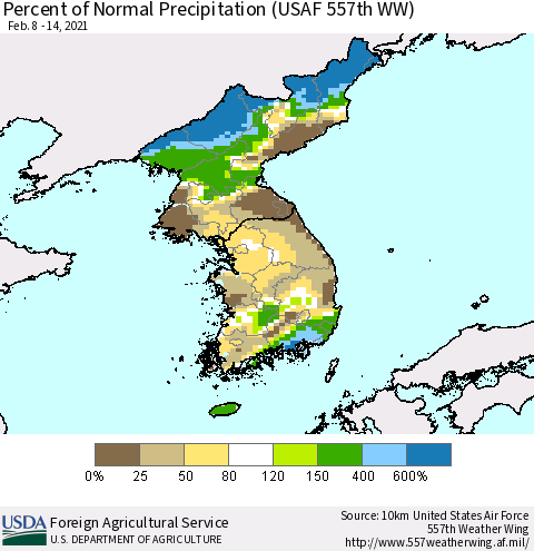 Korea Percent of Normal Precipitation (USAF 557th WW) Thematic Map For 2/8/2021 - 2/14/2021