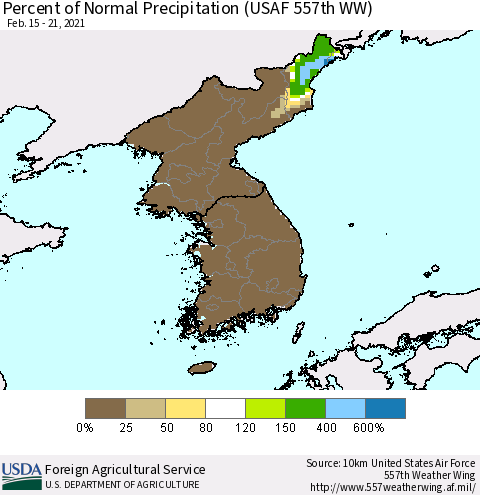 Korea Percent of Normal Precipitation (USAF 557th WW) Thematic Map For 2/15/2021 - 2/21/2021