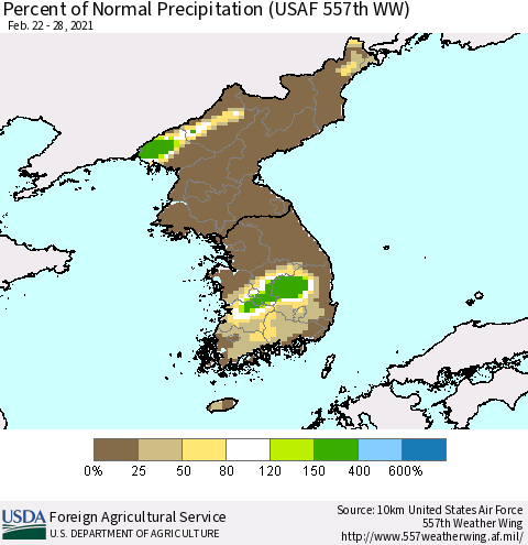Korea Percent of Normal Precipitation (USAF 557th WW) Thematic Map For 2/22/2021 - 2/28/2021