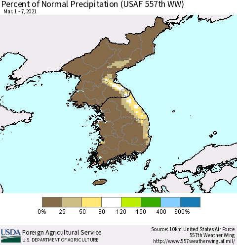Korea Percent of Normal Precipitation (USAF 557th WW) Thematic Map For 3/1/2021 - 3/7/2021