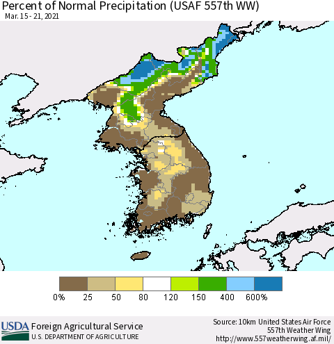 Korea Percent of Normal Precipitation (USAF 557th WW) Thematic Map For 3/15/2021 - 3/21/2021