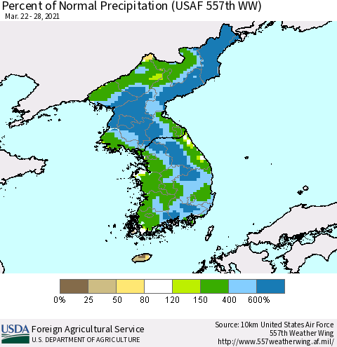 Korea Percent of Normal Precipitation (USAF 557th WW) Thematic Map For 3/22/2021 - 3/28/2021
