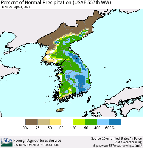 Korea Percent of Normal Precipitation (USAF 557th WW) Thematic Map For 3/29/2021 - 4/4/2021