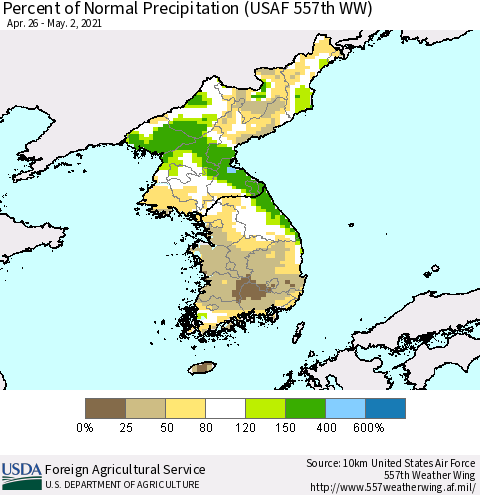 Korea Percent of Normal Precipitation (USAF 557th WW) Thematic Map For 4/26/2021 - 5/2/2021