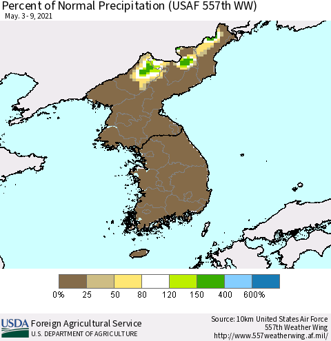Korea Percent of Normal Precipitation (USAF 557th WW) Thematic Map For 5/3/2021 - 5/9/2021