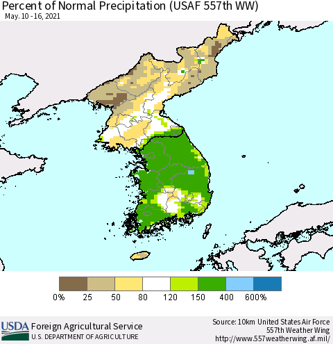 Korea Percent of Normal Precipitation (USAF 557th WW) Thematic Map For 5/10/2021 - 5/16/2021