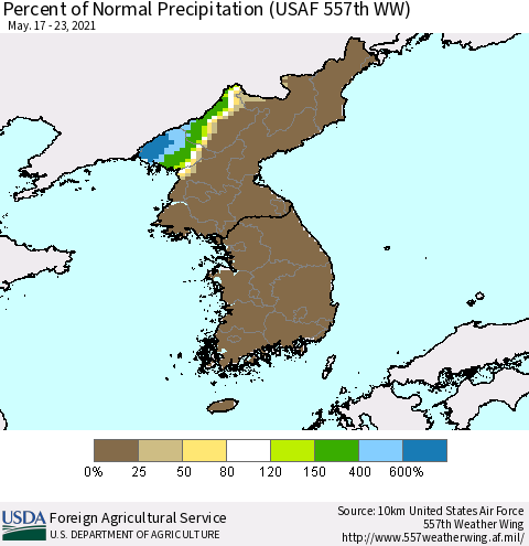 Korea Percent of Normal Precipitation (USAF 557th WW) Thematic Map For 5/17/2021 - 5/23/2021