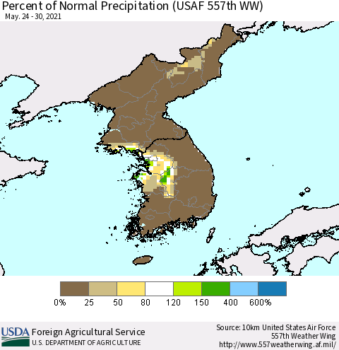 Korea Percent of Normal Precipitation (USAF 557th WW) Thematic Map For 5/24/2021 - 5/30/2021