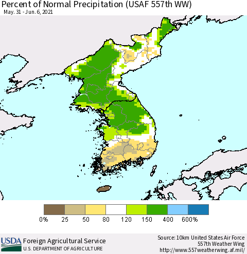 Korea Percent of Normal Precipitation (USAF 557th WW) Thematic Map For 5/31/2021 - 6/6/2021