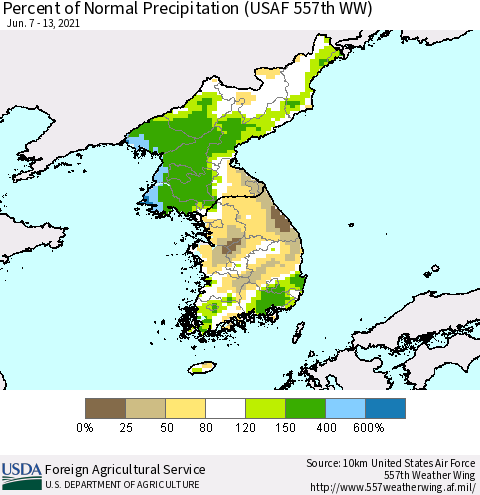 Korea Percent of Normal Precipitation (USAF 557th WW) Thematic Map For 6/7/2021 - 6/13/2021