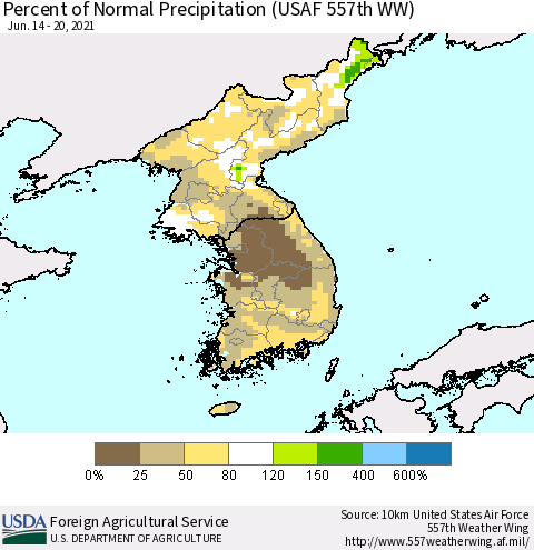 Korea Percent of Normal Precipitation (USAF 557th WW) Thematic Map For 6/14/2021 - 6/20/2021