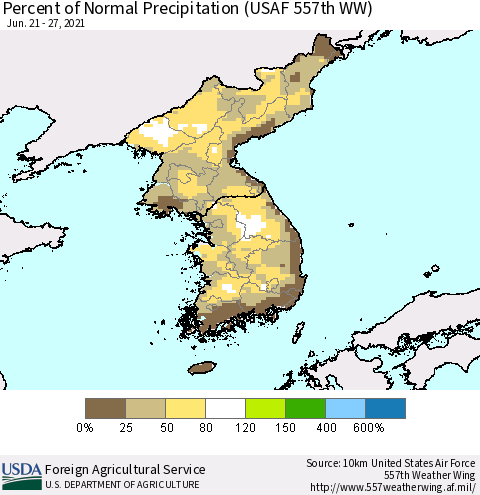 Korea Percent of Normal Precipitation (USAF 557th WW) Thematic Map For 6/21/2021 - 6/27/2021