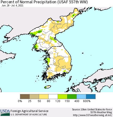Korea Percent of Normal Precipitation (USAF 557th WW) Thematic Map For 6/28/2021 - 7/4/2021