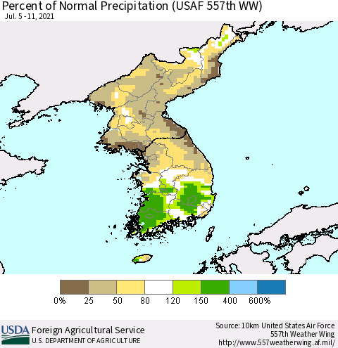 Korea Percent of Normal Precipitation (USAF 557th WW) Thematic Map For 7/5/2021 - 7/11/2021