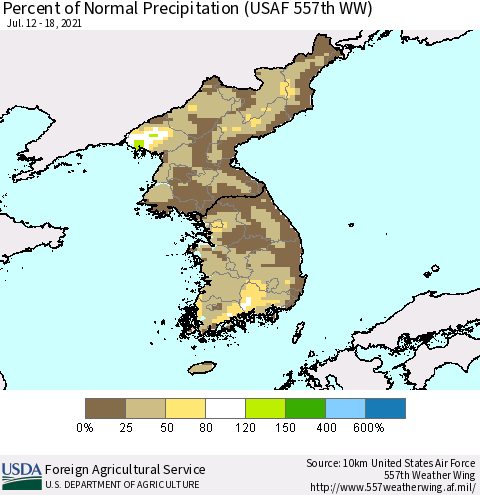 Korea Percent of Normal Precipitation (USAF 557th WW) Thematic Map For 7/12/2021 - 7/18/2021