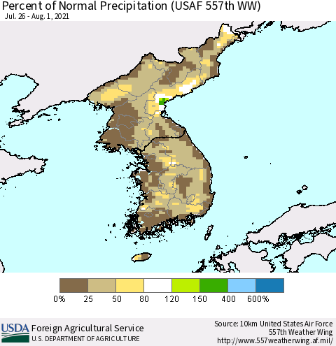 Korea Percent of Normal Precipitation (USAF 557th WW) Thematic Map For 7/26/2021 - 8/1/2021