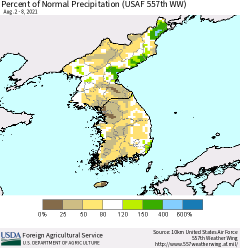 Korea Percent of Normal Precipitation (USAF 557th WW) Thematic Map For 8/2/2021 - 8/8/2021